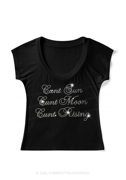 Rhinestone Sun Moon Rising Y2K V Neck T Shirts Cherrykitten