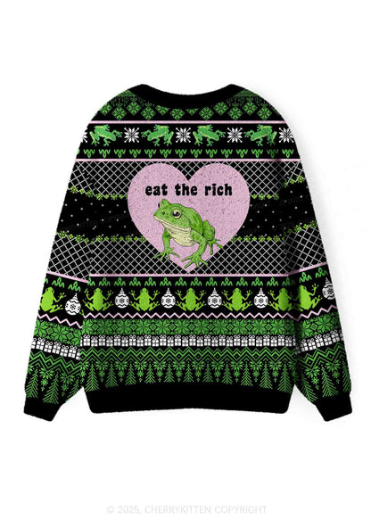 Eat The Rich Frog Y2K Christmas Cardigan Knit Sweatshirt Cherrykitten
