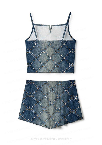 Denim Sparkle Y2K Print Cami Shorts Pajama Set Cherrykitten