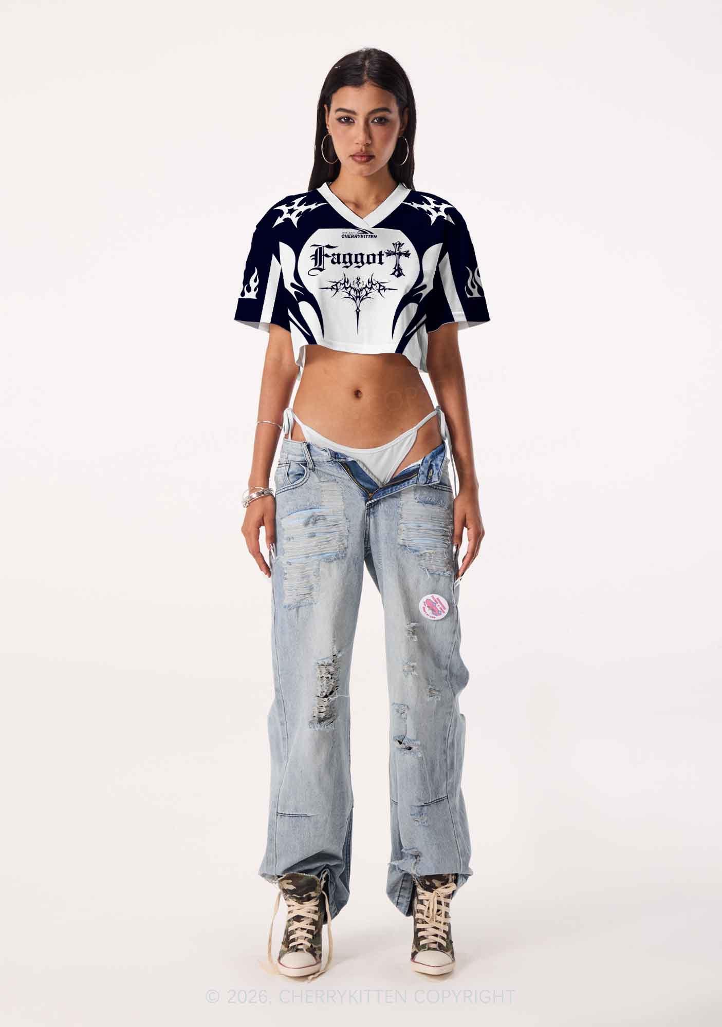 Gothic Cross Faggot Pride Y2K Crop Sport Jersey Shirts Cherrykitten