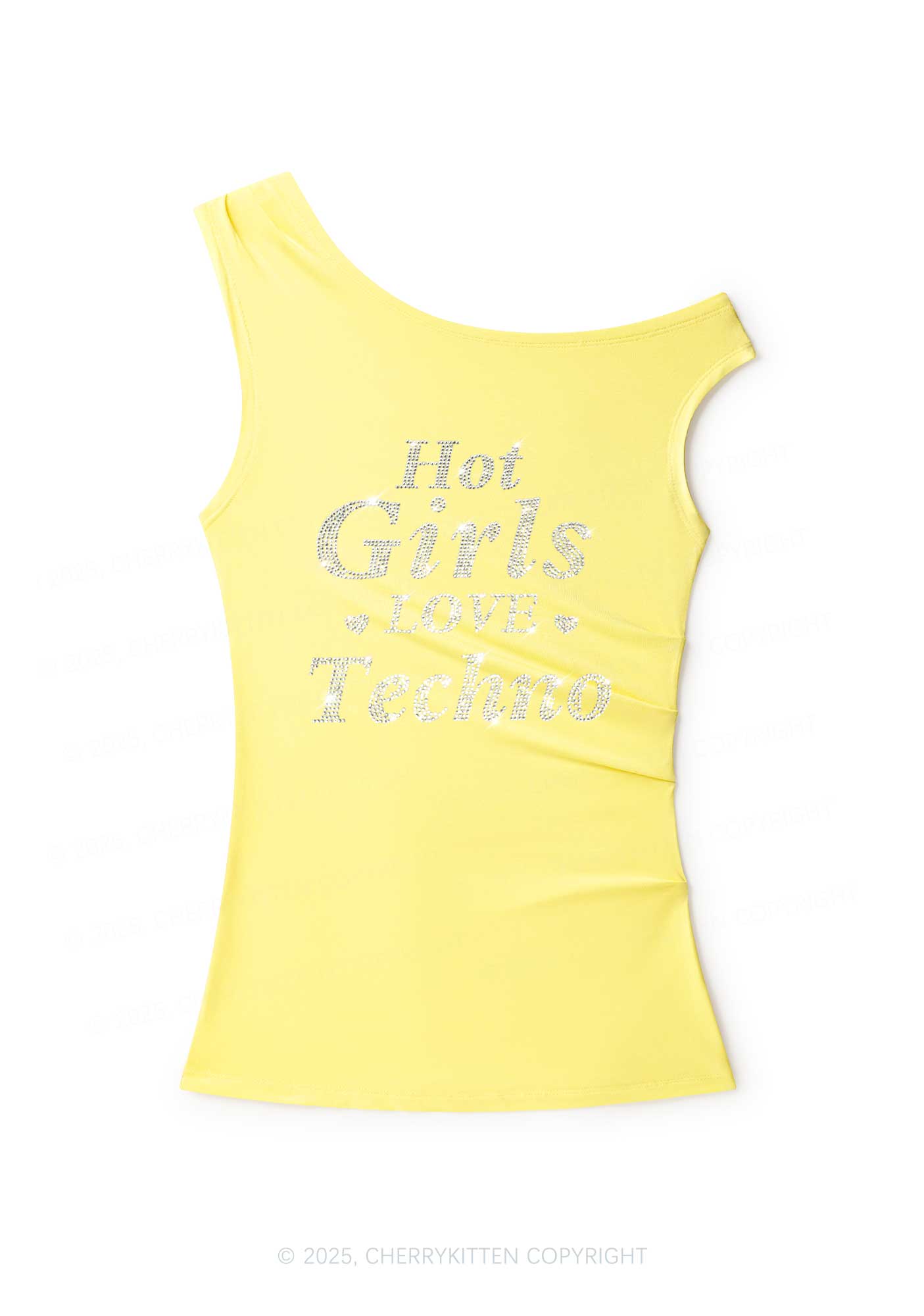 Rhinestone Hot Girls Love Techno Y2K Off Shoulder Tank Top Cherrykitten