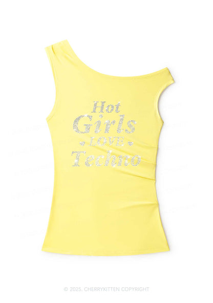 Rhinestone Hot Girls Love Techno Y2K Off Shoulder Tank Top Cherrykitten