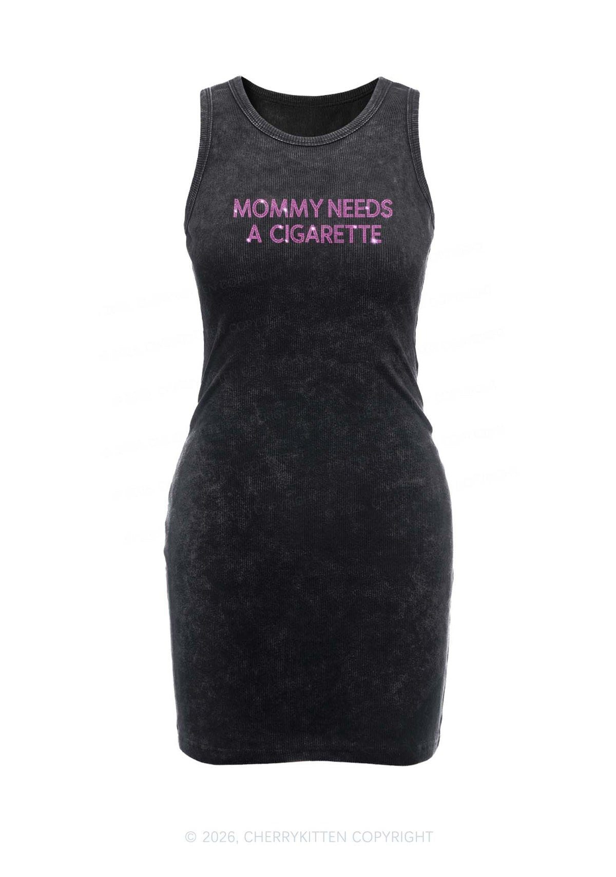 Rhinestone Mommy Needs Cigarette Y2K Washed Tank Dress Cherrykitten