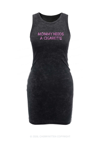 Rhinestone Mommy Needs Cigarette Y2K Washed Tank Dress Cherrykitten