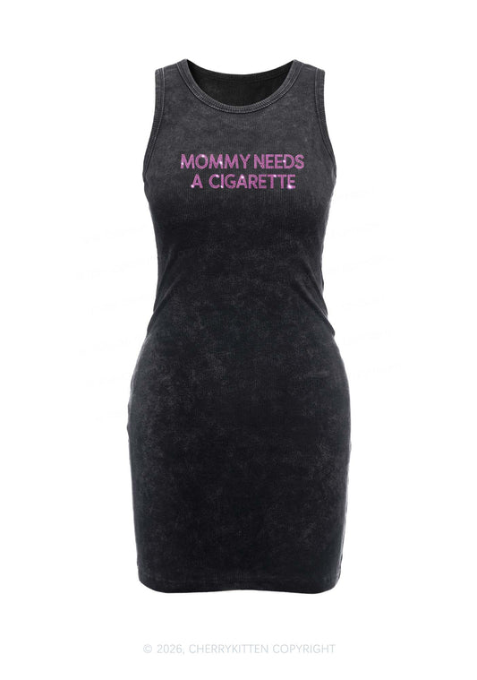Rhinestone Mommy Needs Cigarette Y2K Washed Tank Dress Cherrykitten