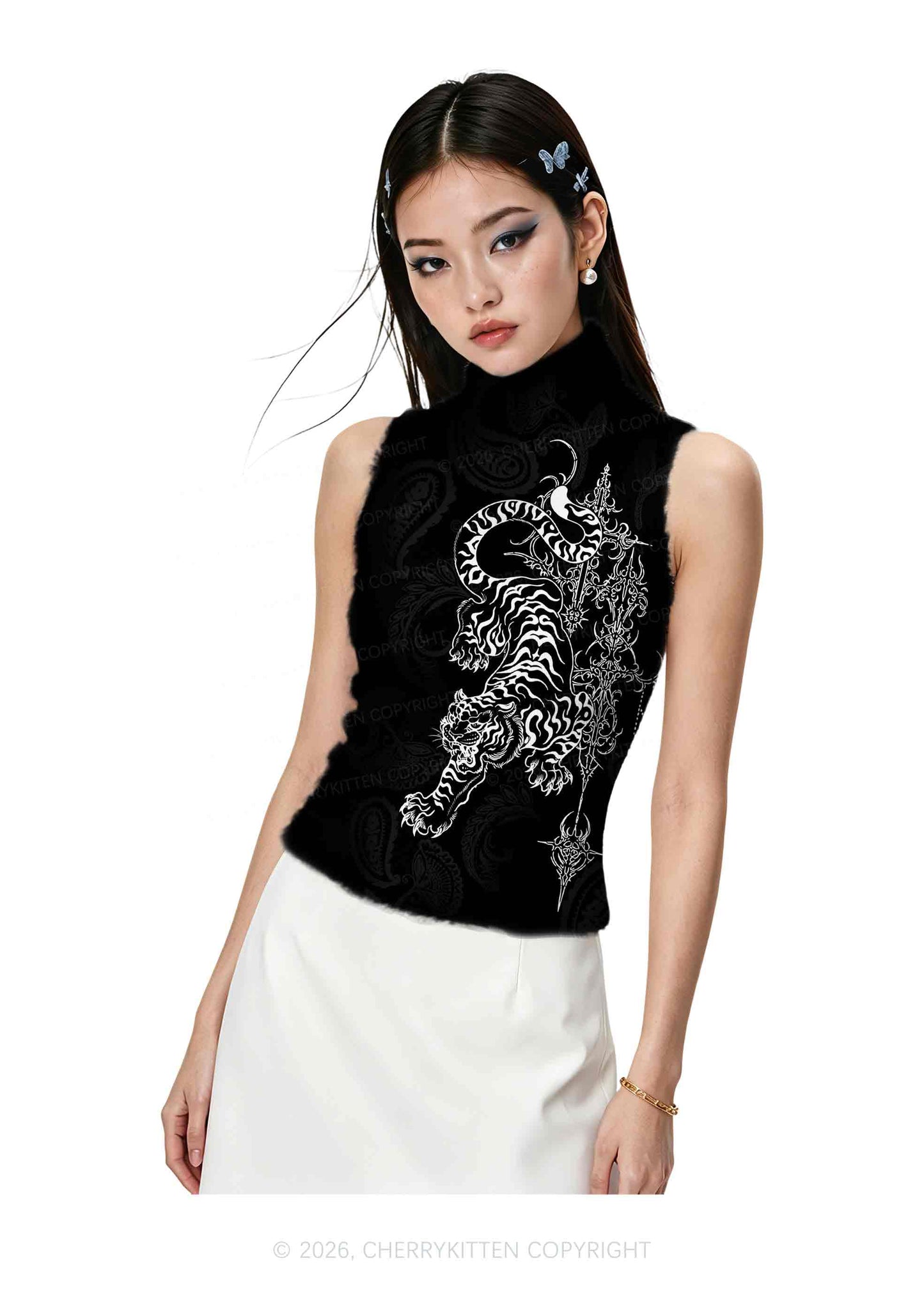 Halloween White Tiger On Black Y2K Knit Turtleneck Tank Top Cherrykitten