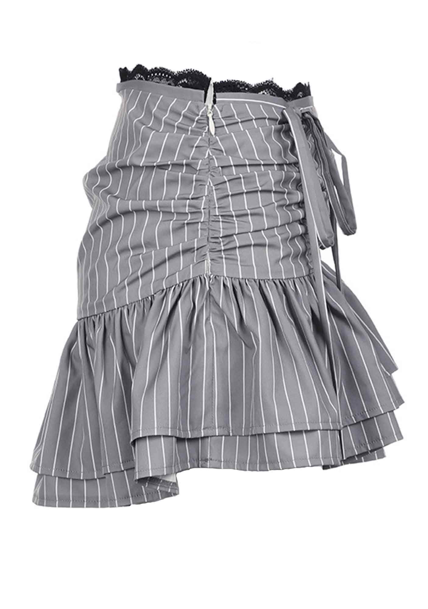 Y2K Gray Striped Lace Splicing Drawstring Pleated Skirt Cherrykitten