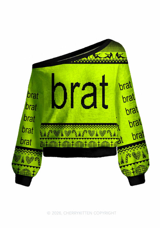 Green Brat Y2K Off Shoulder Knit Sweatshirt Cherrykitten