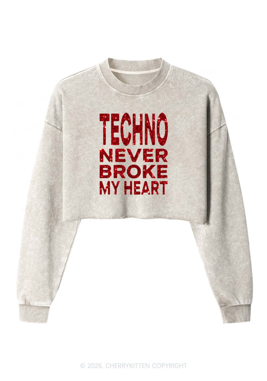 Glitter Techno Heart Y2K Crop Washed Sweatshirts Cherrykitten