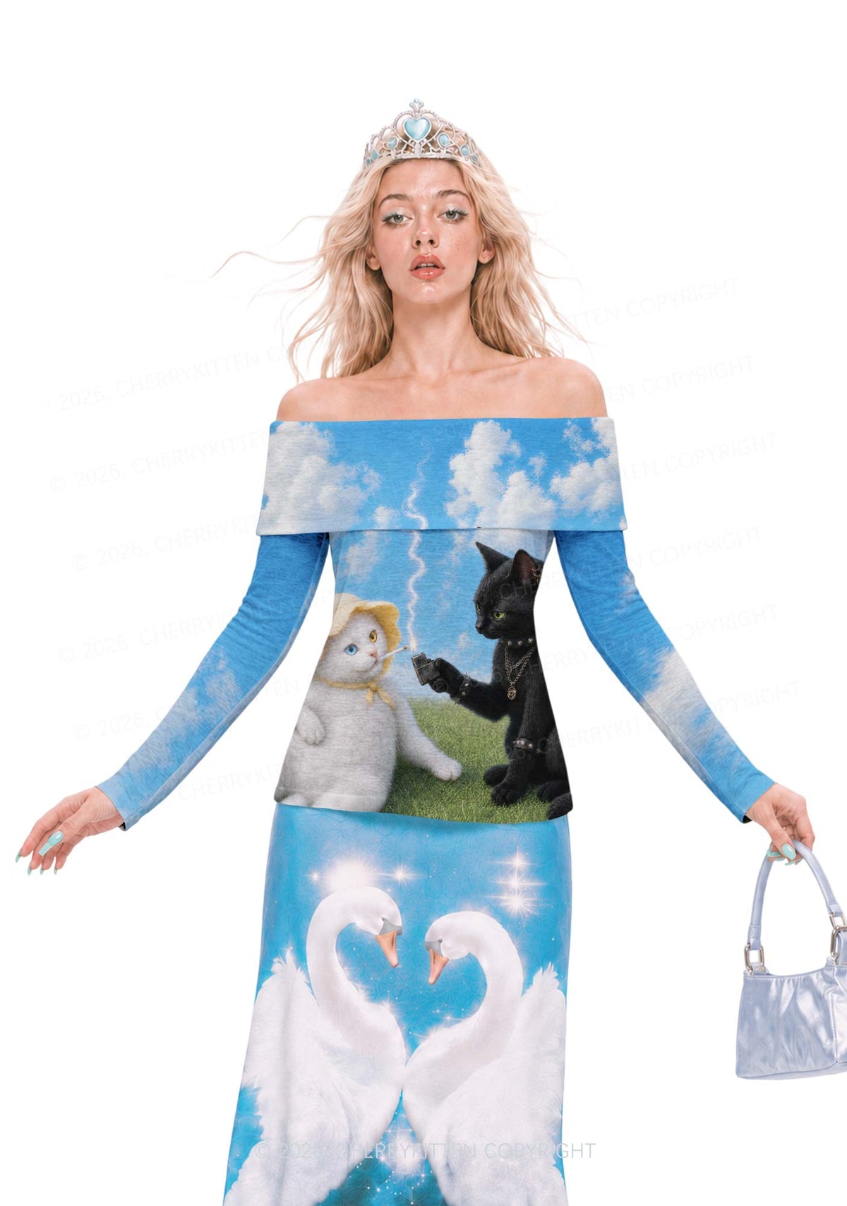 White Cat Smoking Y2K Off Shoulder Fold Over Knit Top Cherrykitten