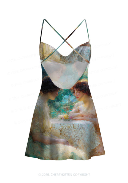 Garden Tea Scene Art Pride Y2K Print Satin Cowl Neck Slip Dress Cherrykitten