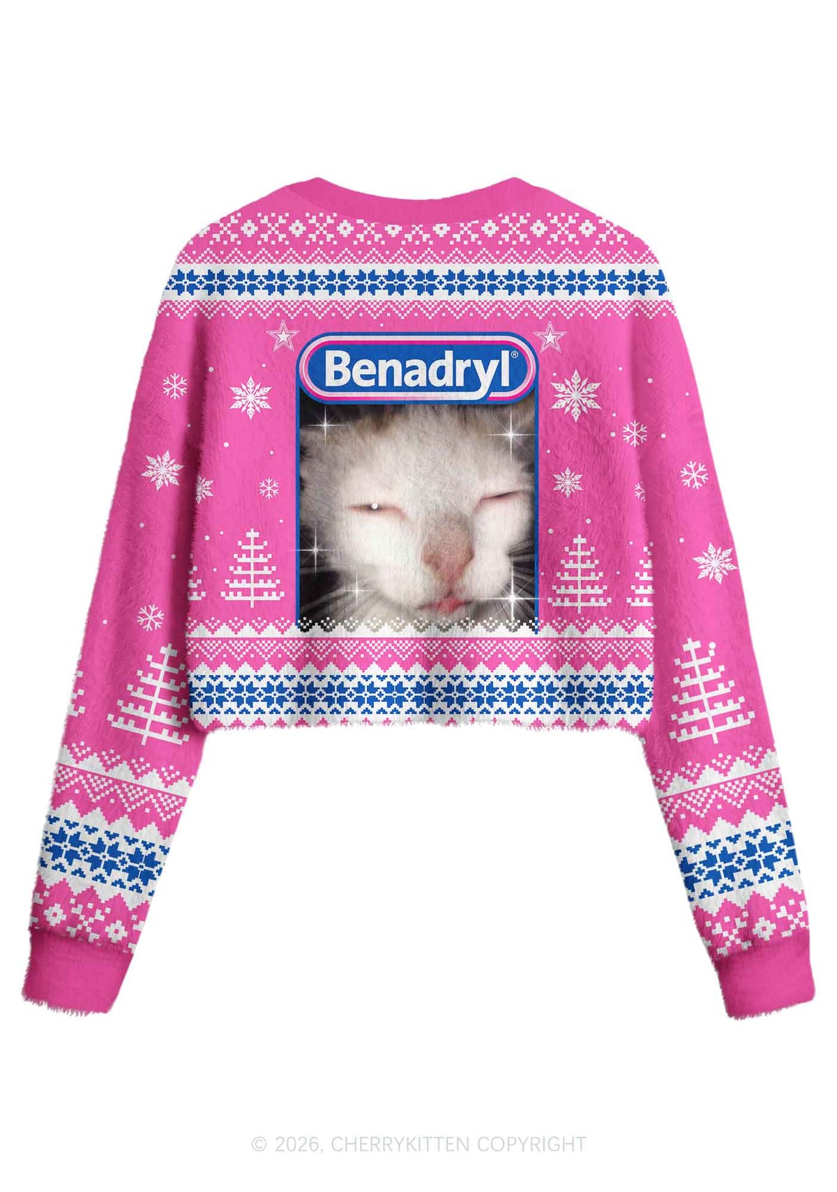 Sleepy Cat Y2K Crop Knit Sweatshirt Cherrykitten
