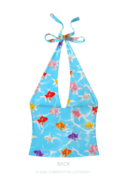 Water Ripple Goldfish Y2K Print Halter Deep V Neck Cami Cherrykitten