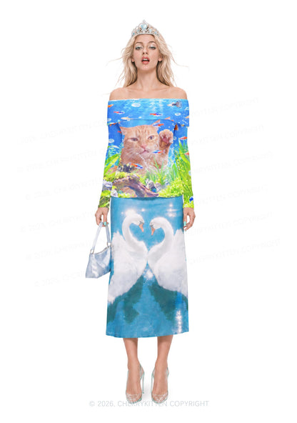 Cat Inside Aquarium Y2K Off Shoulder Fold Over Knit Top Cherrykitten