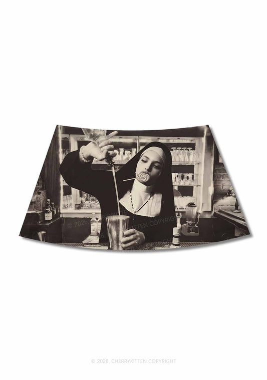 Nun Bartender Y2K Print Mini Skirt Cherrykitten