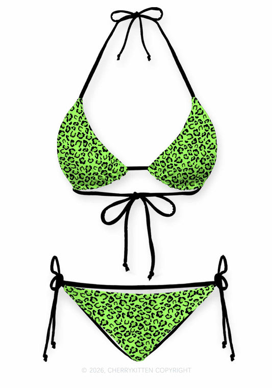 Fluorescent Green Leopard St Patricks Y2K Print Bikini Set Cherrykitten