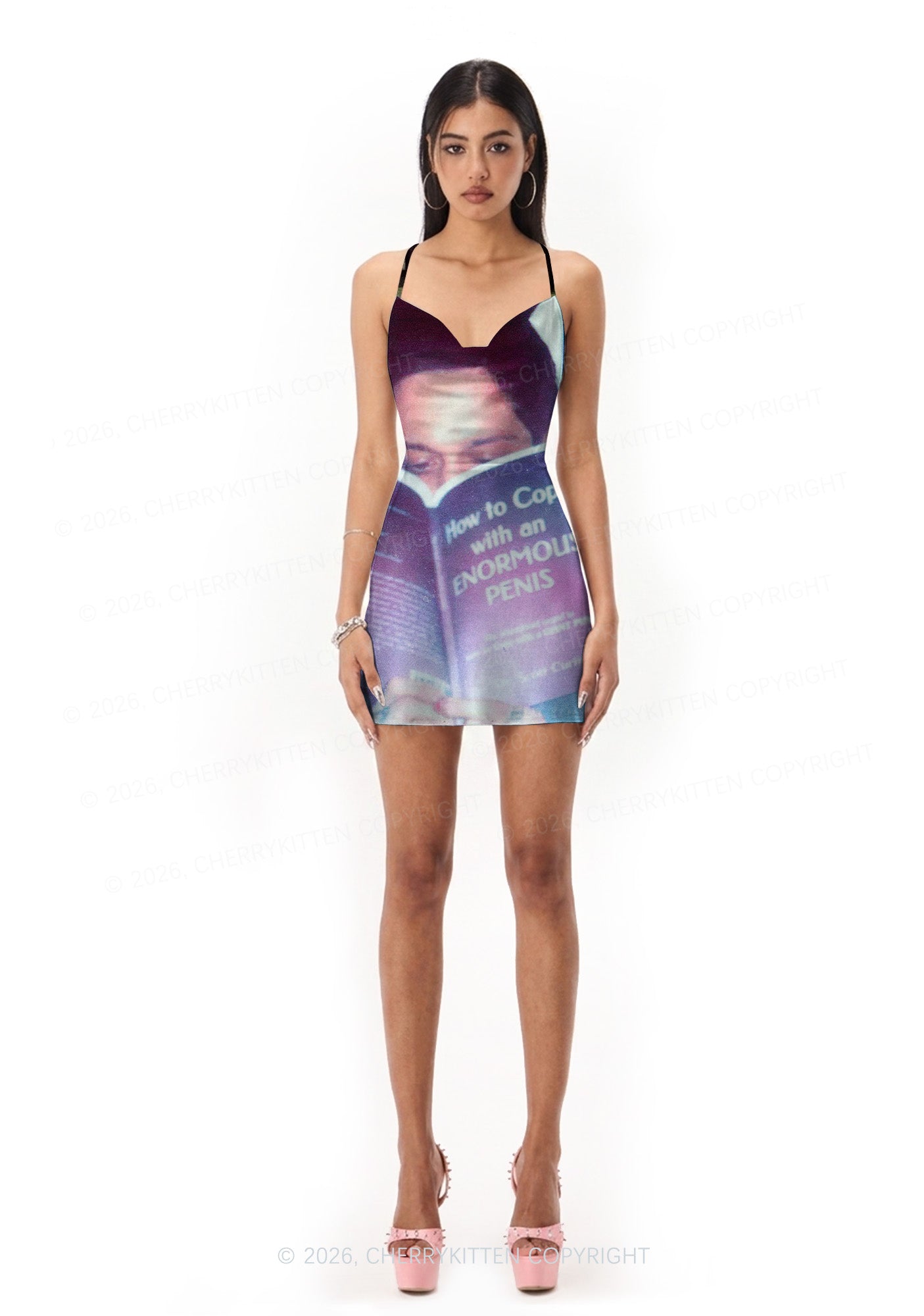 BDE Y2K Print Satin Cowl Neck Slip Dress Cherrykitten