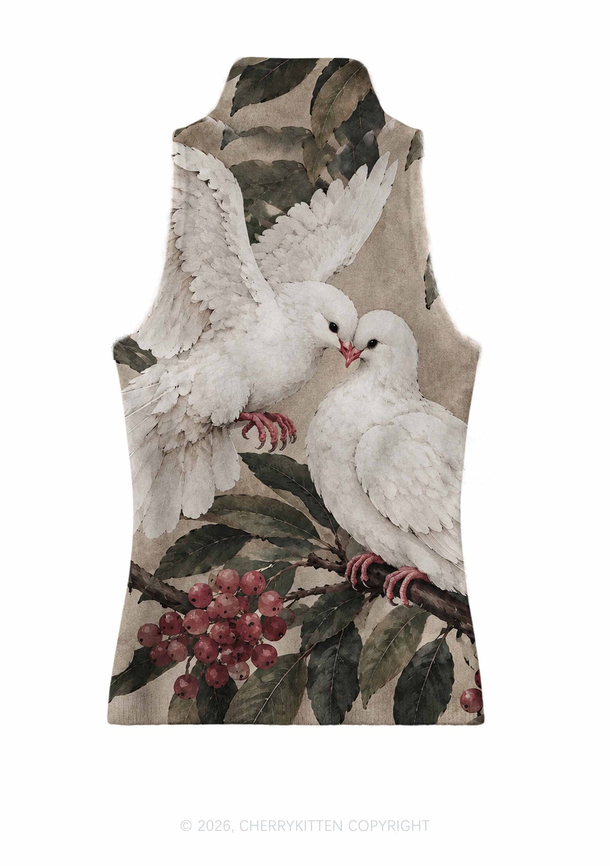 Two Loving Doves On Branch Y2K Knit Turtleneck Tank Top Cherrykitten