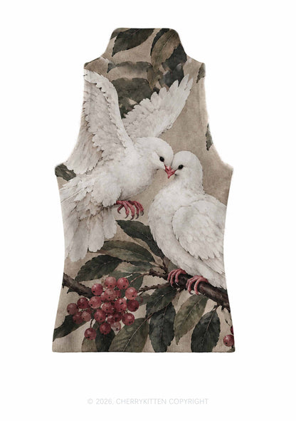 Two Loving Doves On Branch Y2K Knit Turtleneck Tank Top Cherrykitten