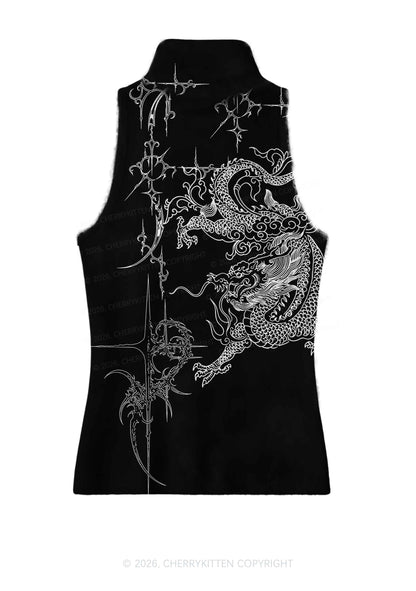 Halloween White Dragon On Black Y2K Knit Turtleneck Tank Top Cherrykitten