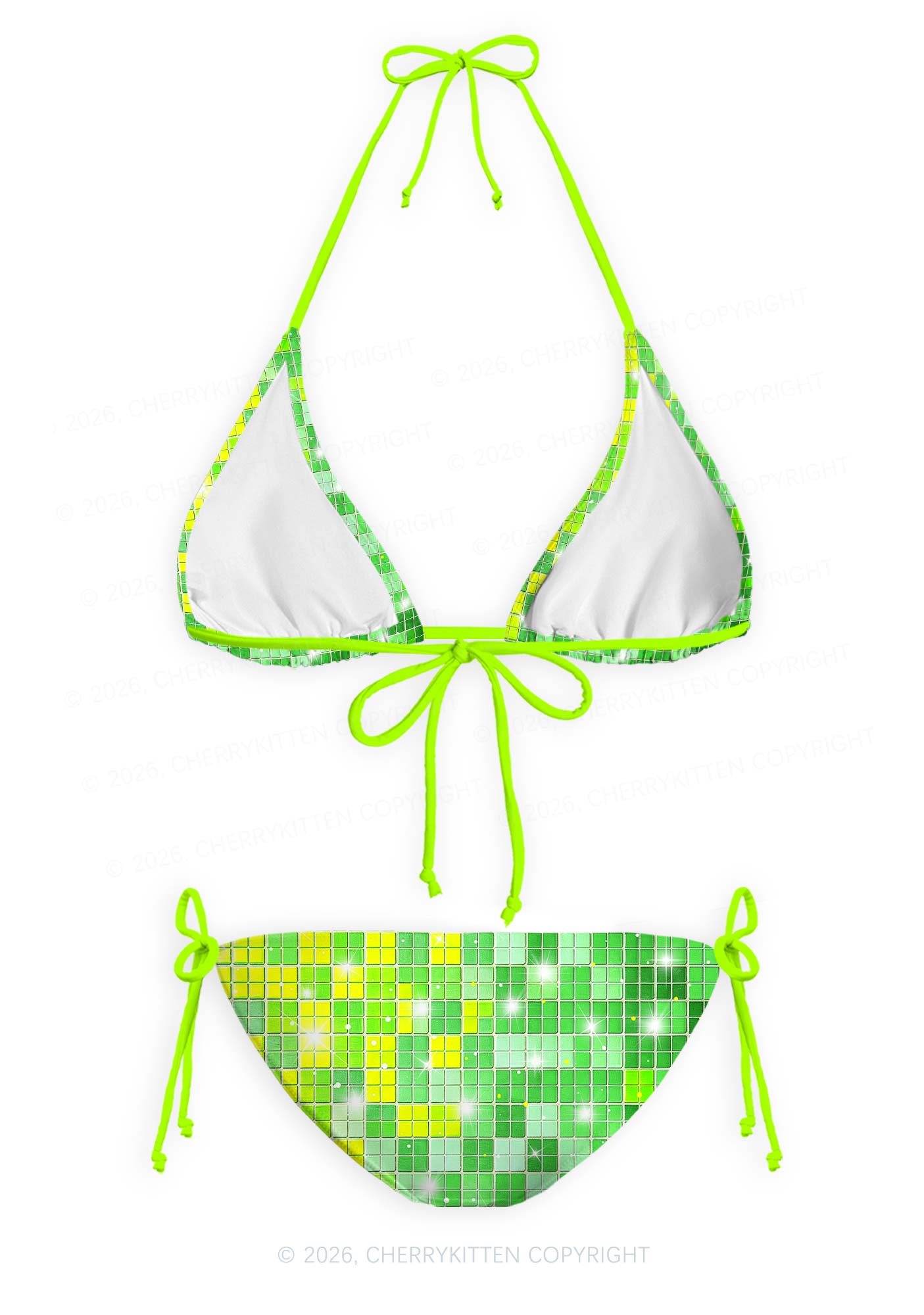 Green Disco Ball Grid Y2K Print Bikini Set Cherrykitten