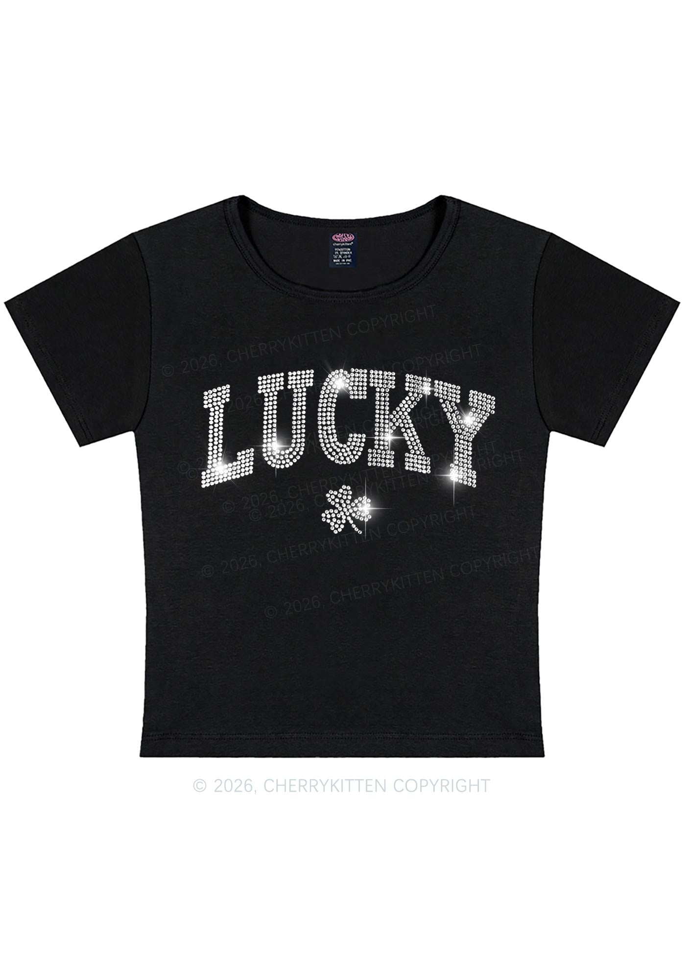 Rhinestone Lucky Shamrock St Patricks Y2K Baby Tee Cherrykitten