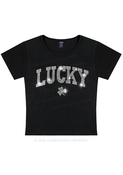 Rhinestone Lucky Shamrock St Patricks Y2K Baby Tee Cherrykitten