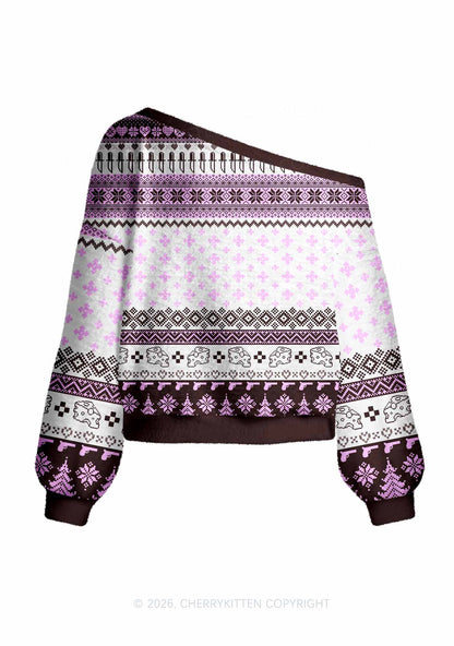 Pixel Smoking Rats Y2K Off Shoulder Knit Sweatshirt Cherrykitten
