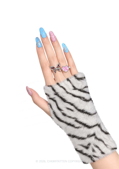 White Tiger Stripe Y2K Print Fuzzy Arm Warmers Cherrykitten