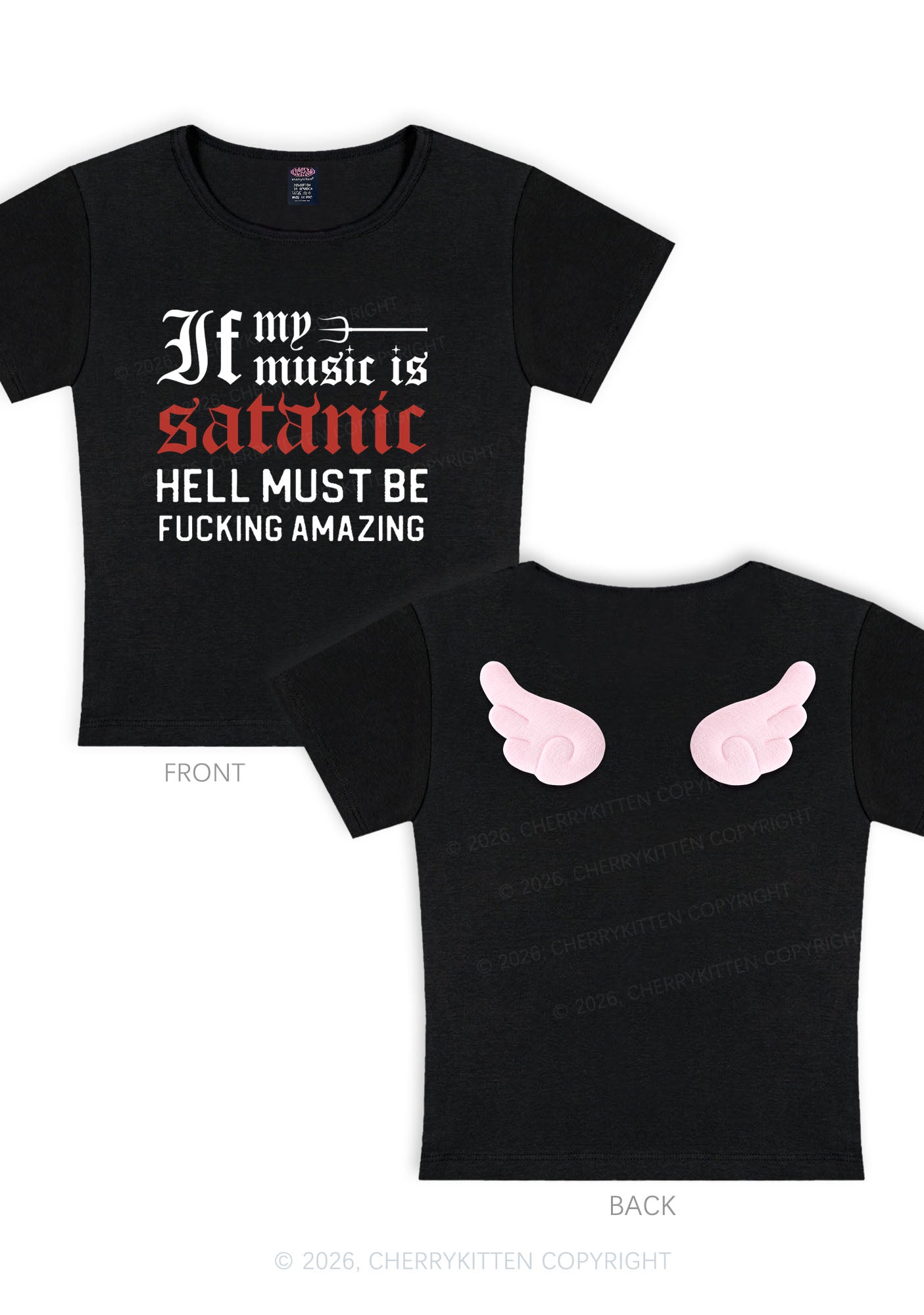 Halloween My Music Is Satanic Y2K Goth Angel Wings Baby Tee Cherrykitten