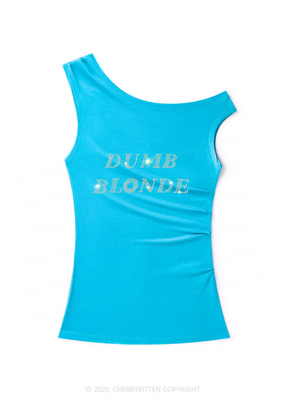 Rhinestone Dumb Blonde Y2K Off Shoulder Tank Top Cherrykitten