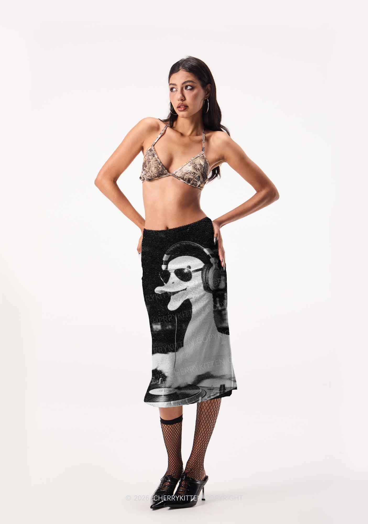 DJ Duck Spinning Records Y2K Print Midi Skirt Cherrykitten