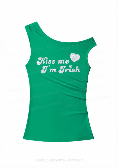 Glitter Kiss Me Im Irish St Patricks Y2K Off Shoulder Tank Top Cherrykitten