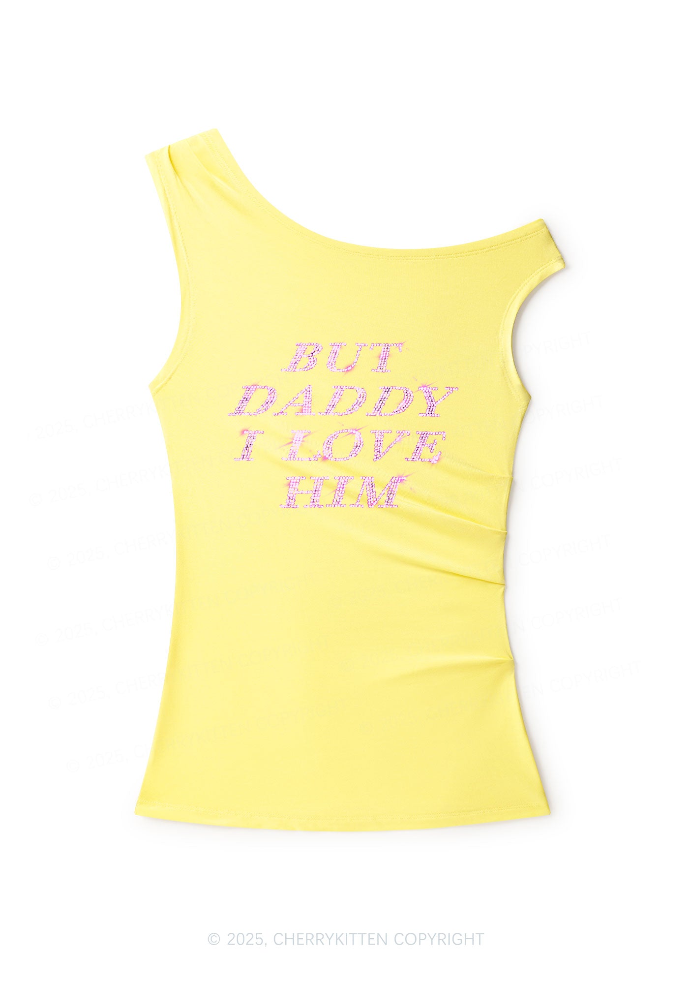 Rhinestone But Daddy I Love Him Y2K Off Shoulder Tank Top Cherrykitten