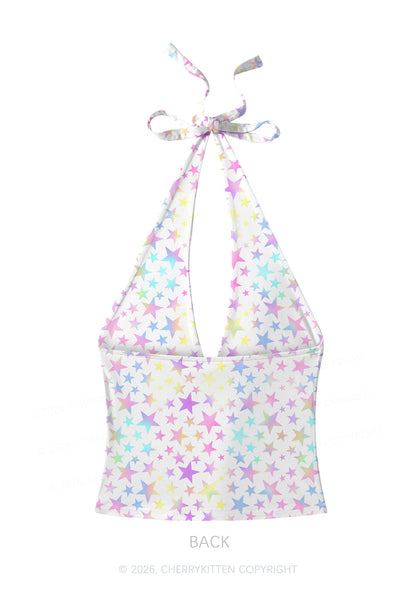 Pastel Star Alpha Male Y2K Print Halter Deep V Neck Cami Cherrykitten