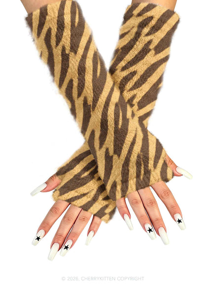 Khaki Tiger Stripe Y2K Print Fuzzy Arm Warmers Cherrykitten
