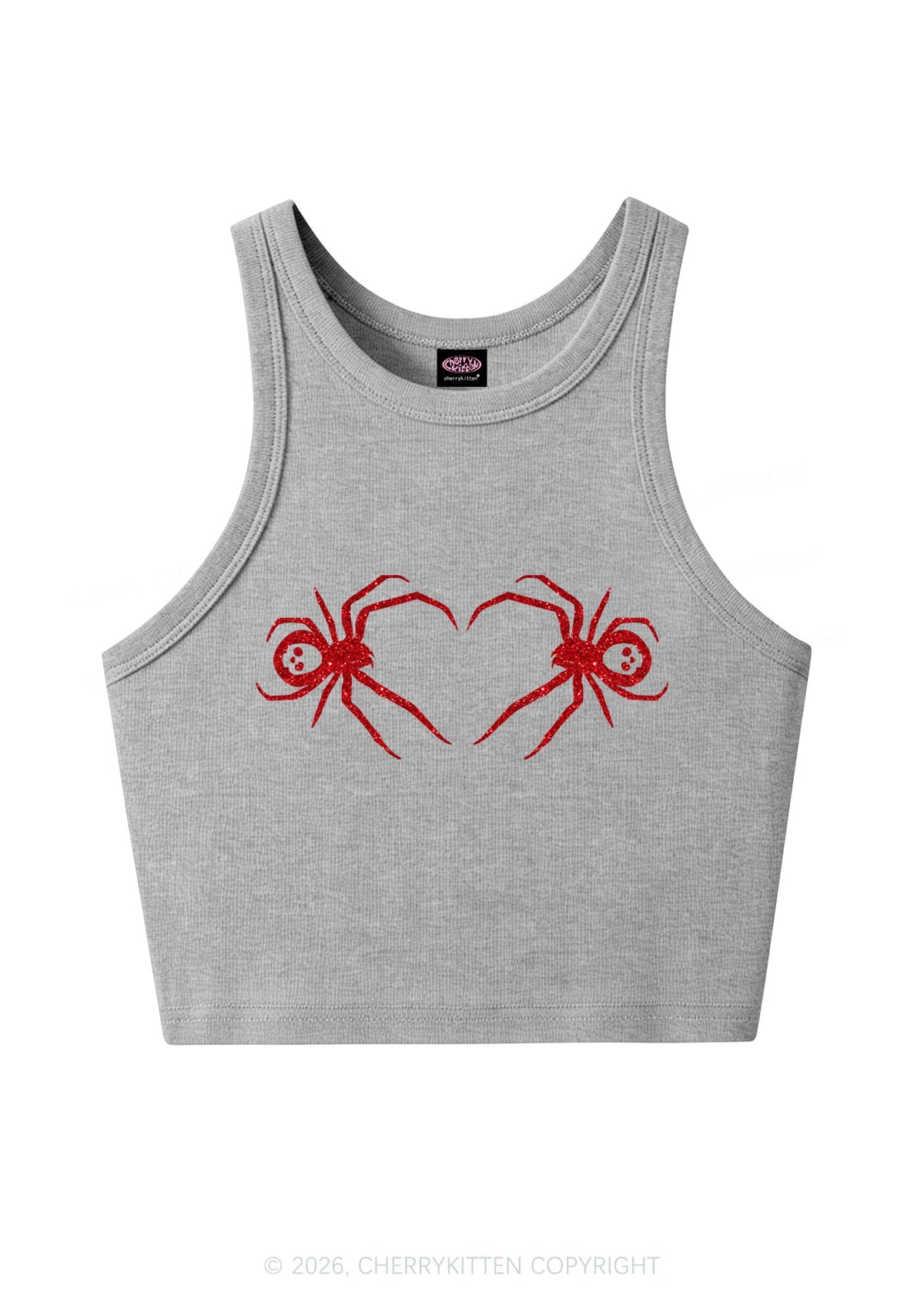 Glitter Skull Spider Y2K Crop Tank Top Cherrykitten