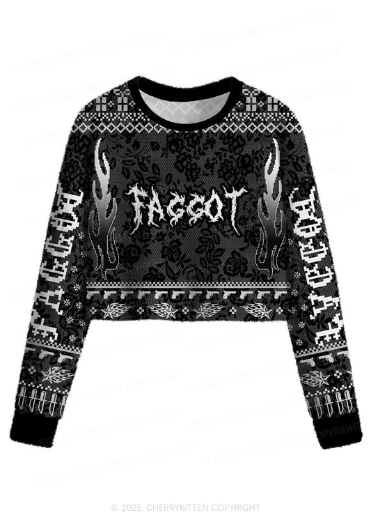 Punk Faggot Pride Y2K Christmas Crop Knit Sweatshirt Cherrykitten