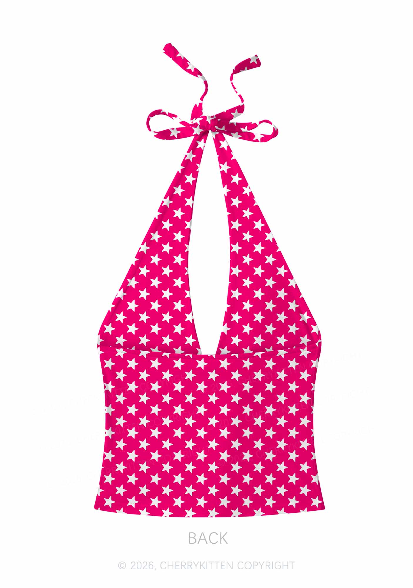 White Stars On Pink Y2K Print Halter Deep V Neck Cami Cherrykitten