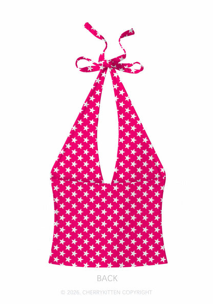 White Stars On Pink Y2K Print Halter Deep V Neck Cami Cherrykitten