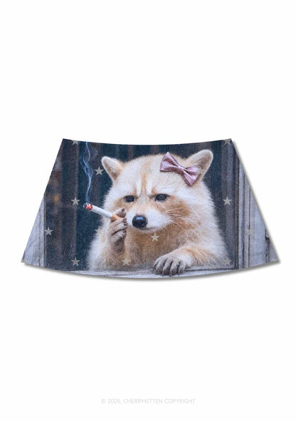 Pink Bow Smoking Raccoon Y2K Print Mini Skirt Cherrykitten