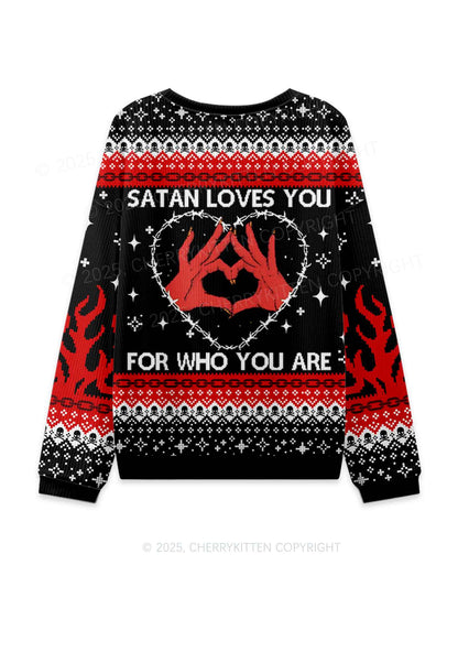 Halloween Satan Loves You Heart Y2K Christmas Knit Sweatshirt Cherrykitten