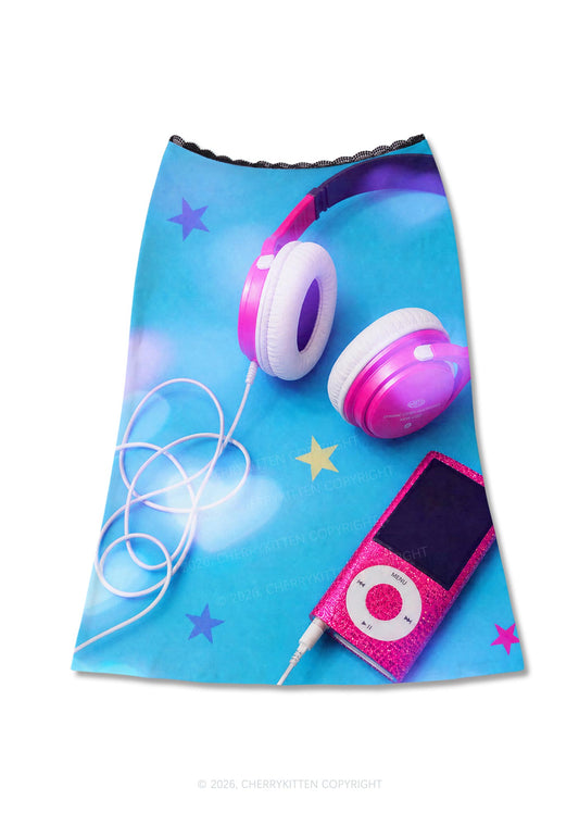 Retro Pink Headphone Y2K Print Midi Skirt Cherrykitten