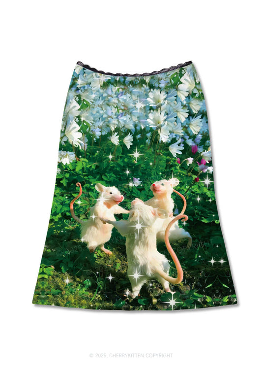 Dancing Rat Y2K Print Midi Skirt Cherrykitten Art by OhStuffinell Taxidermy