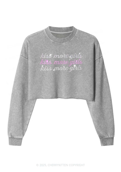 Rhinestone Kiss More Girls Pride Y2K Crop Washed Sweatshirts Cherrykitten