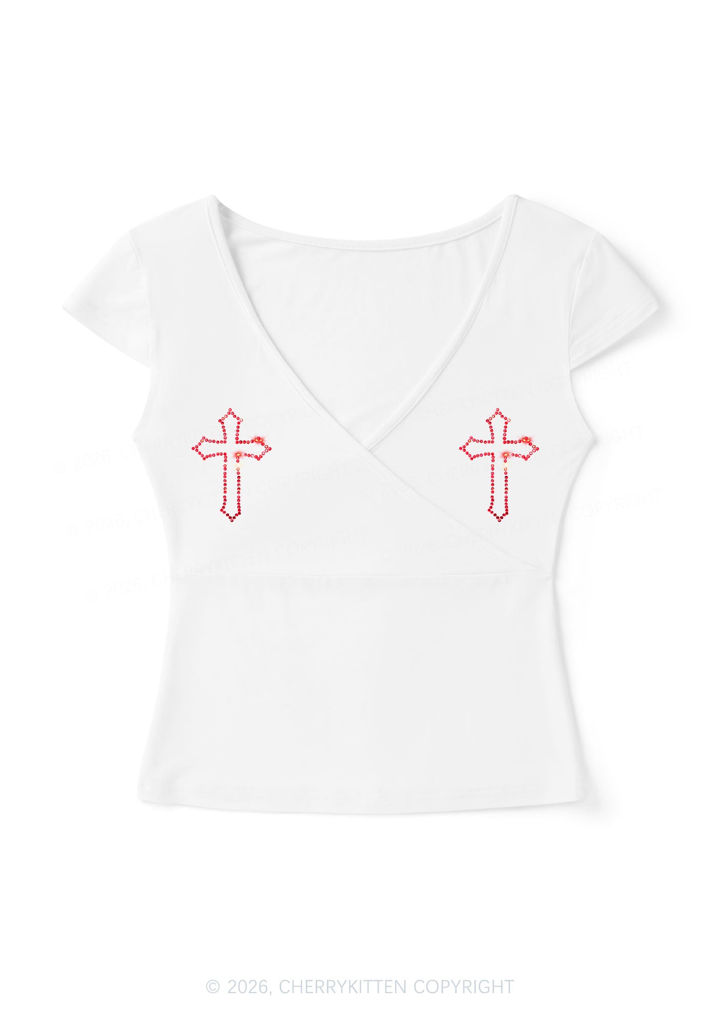 Rhinestone Red Cross Y2K Wrap V Neck T Shirts Cherrykitten