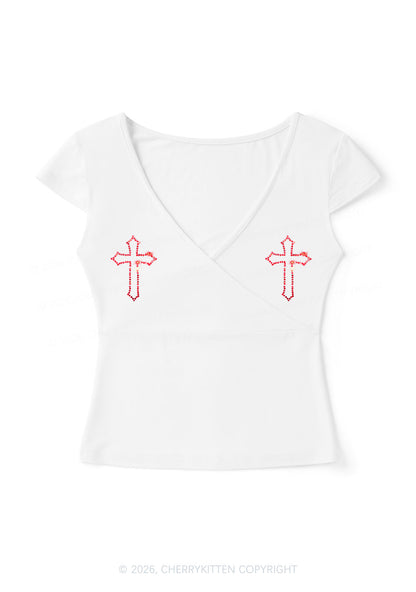 Rhinestone Red Cross Y2K Wrap V Neck T Shirts Cherrykitten