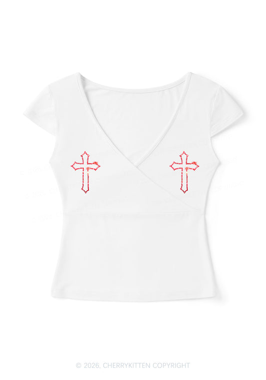 Rhinestone Red Cross Y2K Wrap V Neck T Shirts Cherrykitten
