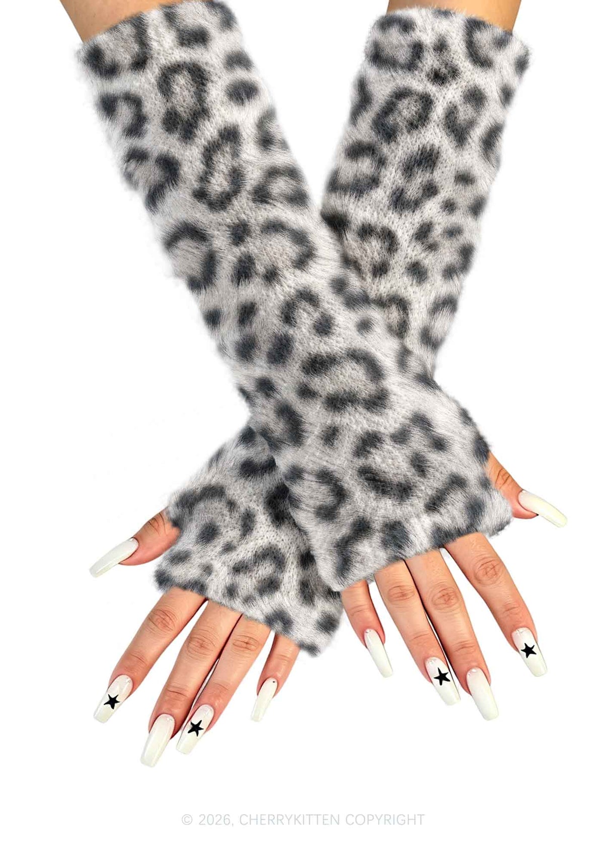 White Leopard Y2K Print Fuzzy Arm Warmers Cherrykitten