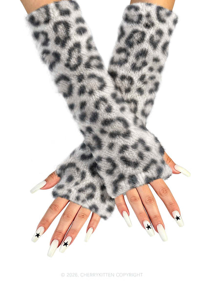 White Leopard Y2K Print Fuzzy Arm Warmers Cherrykitten